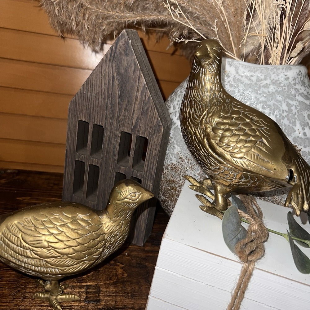 Vintage Brass Pheasant Pair Figurines Male & Female MCM Heavy Cast Statue Decor